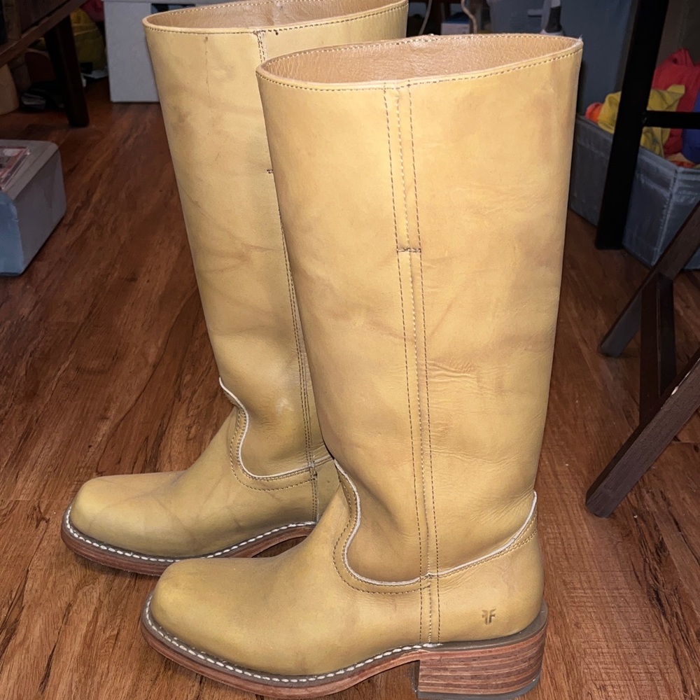 Frye Tall Leather Heeled Boots in Yellow-Tan